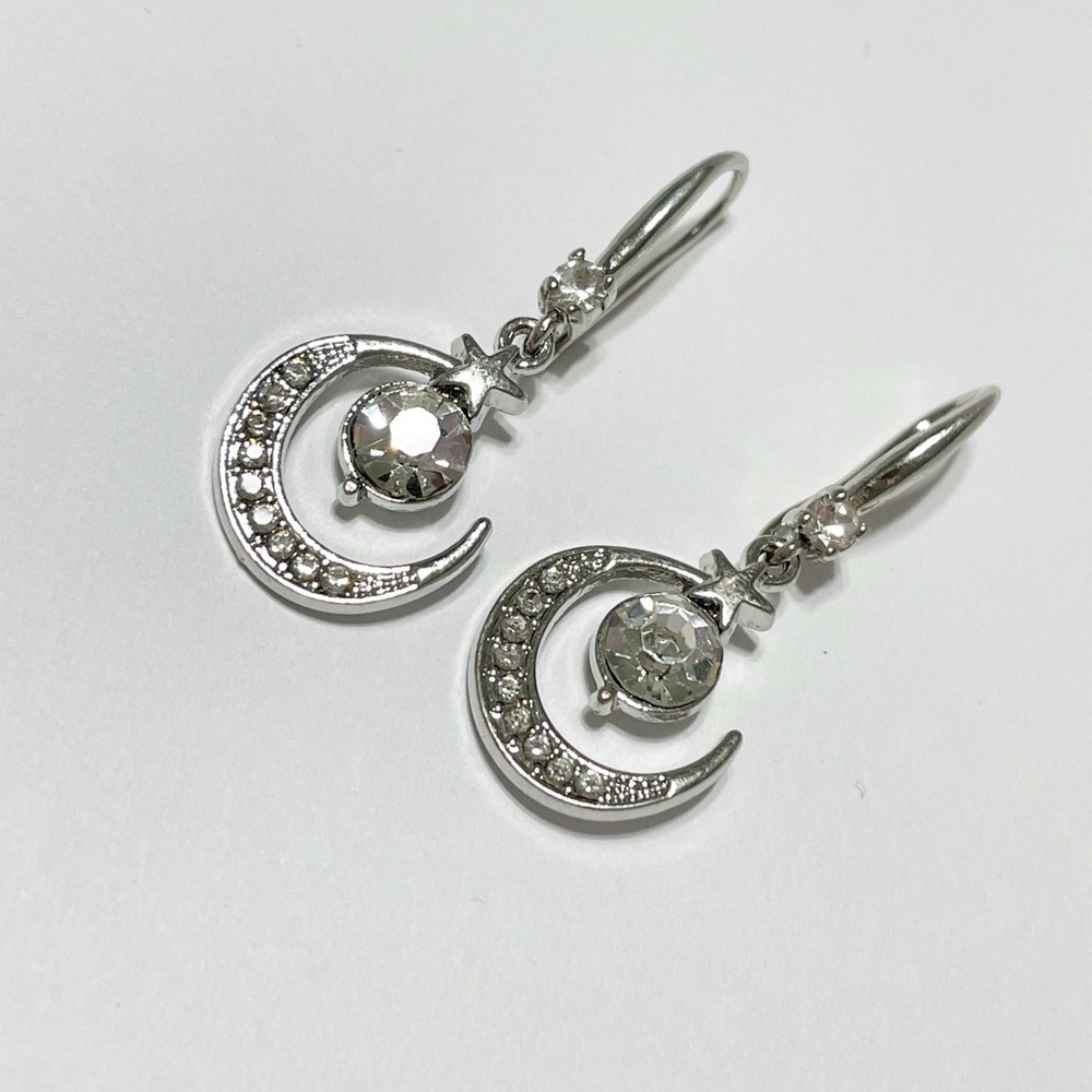 Silver Crescent Moon with White Sapphire Earrings